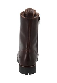 Stivale alla caviglia in pelle marrone con superficie testurizzata, cerniera posteriore e suola nera robusta. Presenta un piccolo anello sulla parte superiore per una facile vestibilità.