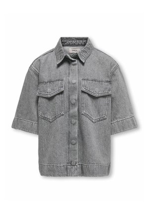 Graues Denimhemd mit kurzen Ärmeln, spitzem Kragen und zwei Brusttaschen. Mit einem durchgehenden Knopfverschluss und Kontrastnähten.