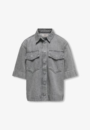 Grijze denim shirt met korte mouwen, spitse kraag en twee borstzakken. Voorzien van een knoopsluiting aan de voorkant en contrasterende stikseldetails.