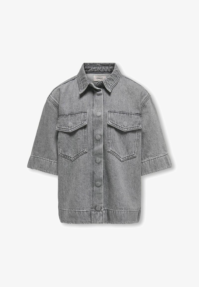 Grijze denim shirt met korte mouwen, spitse kraag en twee borstzakken. Voorzien van een knoopsluiting aan de voorkant en contrasterende stikseldetails.