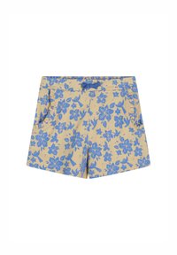 Pantaloni corti floreali in tessuto beige con stampa di fiori blu. Presentano due tasche anteriori e una vita arricciata con dettaglio a fiocco.