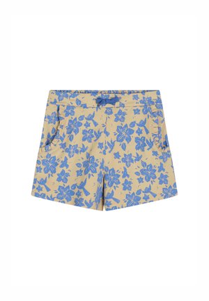 Pantaloni corti floreali in tessuto beige con stampa di fiori blu. Presentano due tasche anteriori e una vita arricciata con dettaglio a fiocco.