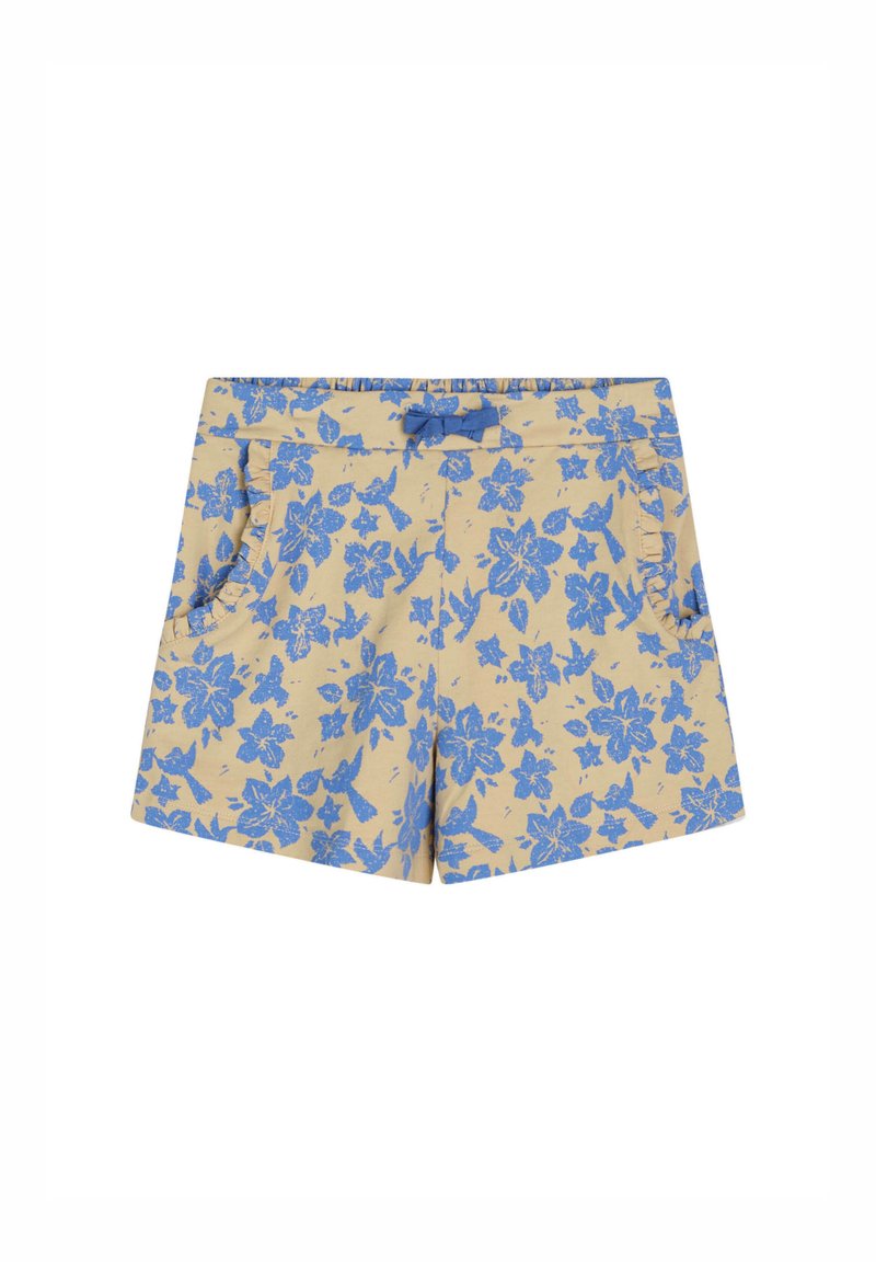 Pantaloni corti floreali in tessuto beige con stampa di fiori blu. Presentano due tasche anteriori e una vita arricciata con dettaglio a fiocco.