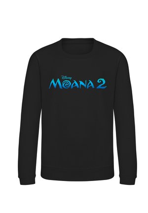 Black long-sleeve sweatshirt with blue "Disney Moana 2" text printed on the front center.