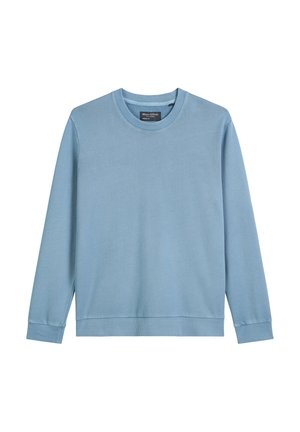 Hellblaues Langarm-Sweatshirt aus weichem Material, mit rundem Hals, gerippten Bündchen und geradem Saum.