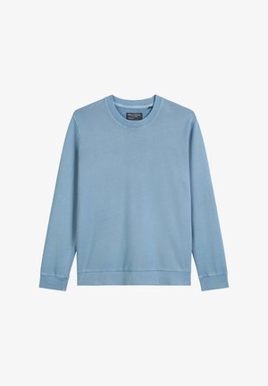 Hellblaues Langarm-Sweatshirt aus weichem Material, mit rundem Hals, gerippten Bündchen und geradem Saum.