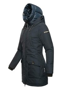 Navy blue insulated parka featuring a quilted hood, zip and button closures, two front pockets, and knitted cuffs for added warmth.