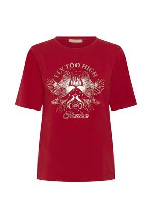 Rdeča bombažna majica s kratkimi rokavi, ki prikazuje grafični tisk dveh ptic in dekorativne elemente v beli in zlatem. Ima okroglo ovratnico.