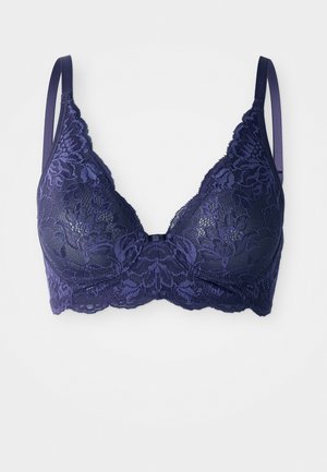 Navy blue lace bra with floral pattern, adjustable straps, and underwire support on a white background.