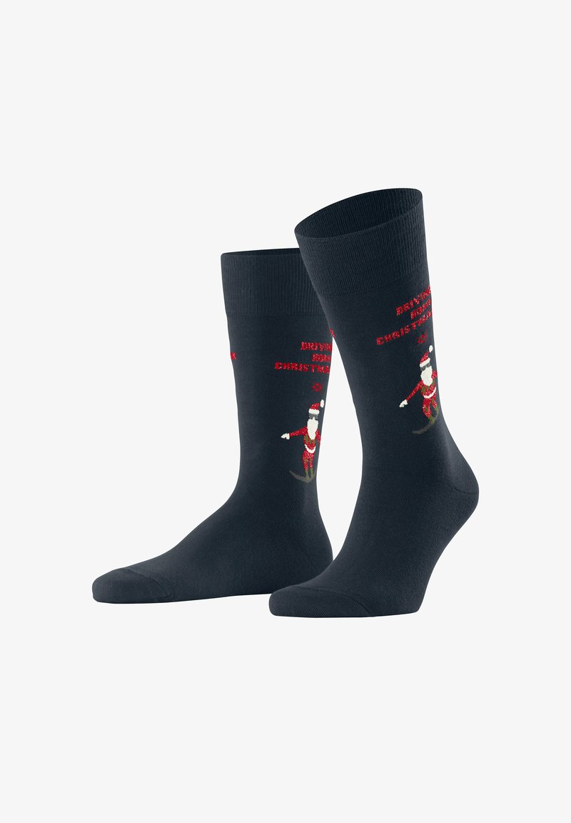 Schwarze Baumwollsocken mit einem Weihnachtsmann-Motiv und rotem Text "Driving Home for Christmas". Mit gerippten Bündchen und glatter Textur.