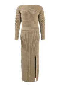 Strick-Midi-Kleid in Beige, mit gerippter Textur, langen Ärmeln, schulterfreiem Design und seitlichem Schlitzt.