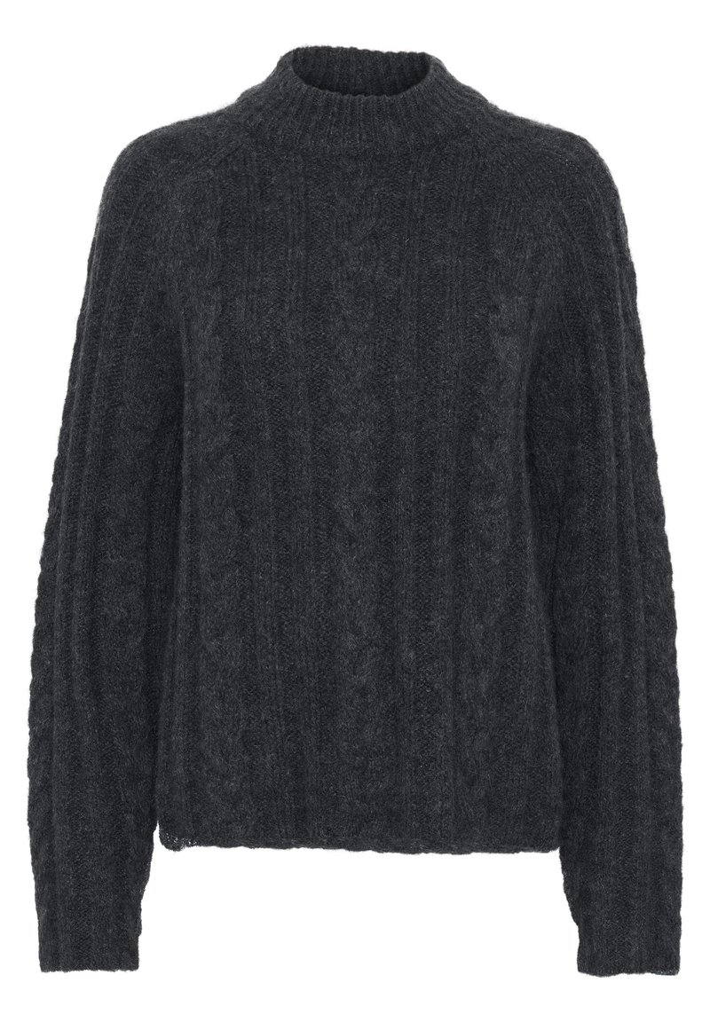 Dunkelgrauer, gestrickter Pullover mit hohem, geripptem Halsausschnitt. Hat ein grobes, strukturiertes Muster und lange, weit geschnittene Ärmel. Cropped-Schnitt.