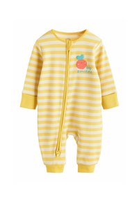 Żółto-biały, paskowany jednoczęściowy strój dla niemowląt z długimi rękawami, z przodu zamek błyskawiczny, ściągacze przy rękawach oraz uśmiechnięta pomarańczowa grafika z napisem "big smiles".