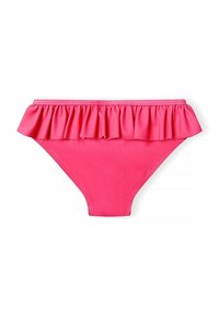 Bas de bikini rose avec une taille froncée, fabriqué en matériau extensible, avec une texture lisse et un design taille haute.