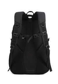 Zaino ergonomico nero con schienale imbottito in rete, spallacci regolabili, fettuccia sul petto e maniglia di trasporto superiore, mostrato da dietro.