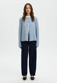 Šviesiai mėlynas kardiganas su apvaliu kaklu ir sagų užsegimu. Pagamintas iš minkštos medžiagos, laisvo silueto, derinamas su tamsiomis plačiomis kelnėmis ir juodais butais.