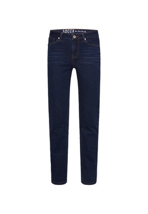 Ciemnoniebieskie dżinsy o wąskim kroju, z klasycznym pięciopocketowym designem, akcentami w postaci przeszyć i markowym pasem.