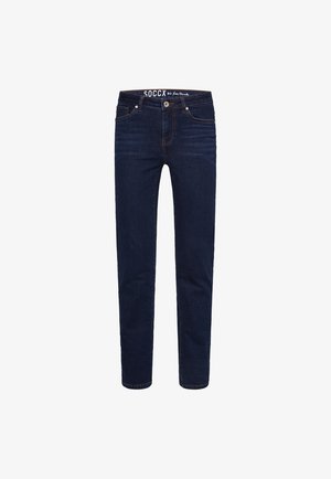 Donkerblauwe denim jeans met een slim fit, voorzien van een klassieke vijf-pocket ontwerp, stikselaccenten en een gemarkeerde tailleband.