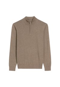 Brązowy sweter dzianinowy z suwakiem o długości jednej czwartej, prążkowanym kołnierzem i mankietami, z małym wyszywanym logo na lewej piersi.