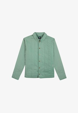 Gequilted jas in lichtgroen met een knoopsluiting aan de voorkant, een puntige kraag en zijzakken. Voorzien van horizontale stikdetails.