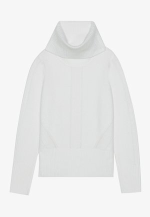 Valkoinen neulepaita, jossa on korkea ribbaustettu turtleneck, teksturoituja paneeleita sekä ribbaustetut hihansuut ja helma. Pehmeä villa-sekoitemateriaali.