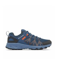Scarpe da trail da uomo Columbia in blu scuro con tomaia in rete, dettagli arancioni, parafango in gomma nera e suola testurizzata per la trazione.