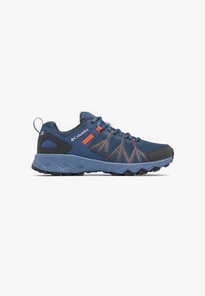 Scarpe da trail da uomo Columbia in blu scuro con tomaia in rete, dettagli arancioni, parafango in gomma nera e suola testurizzata per la trazione.