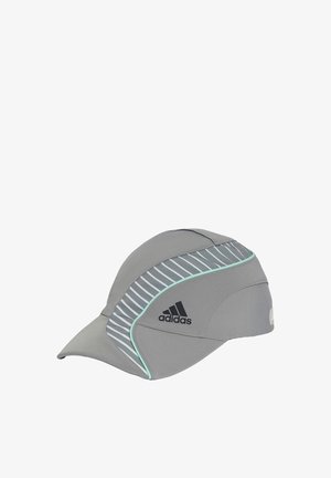 Szara sportowa czapka Adidas z zakrzywionym daszkiem, pasem refleksyjnym w paski i miętowo zielonym paskiem po boku, zaprojektowana do aktywności na świeżym powietrzu.