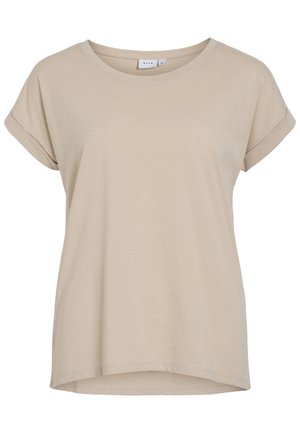 Beige kortermet casual t-skjorte med oppbrettede kanter og rund hals, laget av mykt stoff, med en litt lengre bakende.