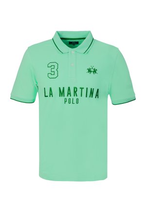Mintgroen poloshirt met kraag, korte mouwen, nummer 3, paardenlogo en ""La Martina Polo"" tekst geborduurd op de voorkant.