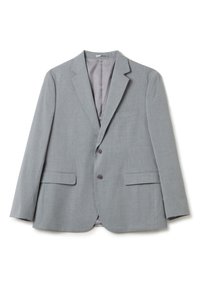 Blazer gris claro con rayas delgadas, con solapa de muesca, dos bolsillos frontales y dos botones. Tejido suave con un forro gris. Corte clásico.