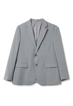 Light gray, pinstriped blazer with a notch lapel, two front pockets, and two buttons. Smooth fabric with a gray lining. Classic fit.