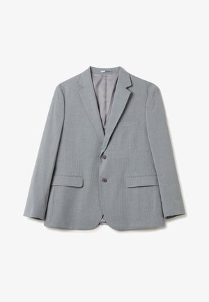 Light gray, pinstriped blazer with a notch lapel, two front pockets, and two buttons. Smooth fabric with a gray lining. Classic fit.