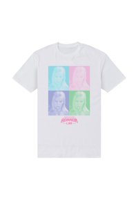 Hvid bomulds t-shirt med et flerfarvet, fire-delt grafik af et ansigt i lys blå, pink, grøn og lilla nuancer. "HORROR LINE" tekst i pink.