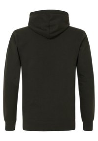 Felpa con cappuccio di un verde scuro, con una texture liscia, maniche lunghe e polsini a coste. Il retro è semplice, senza loghi o motivi visibili.