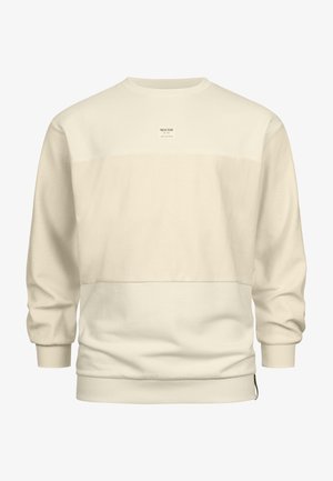 Cremefarbener Pullover aus weichem Stoff. Mit Rundhalsausschnitt, langen Ärmeln und einem zentralen Paneel mit einem kleinen Logoetikett.