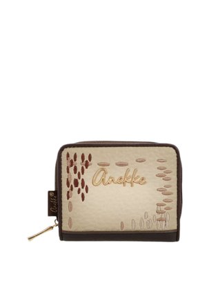 Portafoglio beige e marrone con cerniera, cuciture decorative e nome del marchio Anekke ricamato con filo dorato sul davanti.