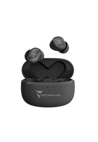 Cuffie wireless nere con una custodia di ricarica compatta e arrotondata. Presentano un design ergonomico e il logo sulla custodia e sulle cuffie.
