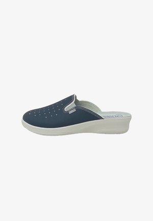 Zoccolo slip-on blu navy con tomaia traforata, cuciture bianche, suola imbottita grigio chiaro e retro aperto per un facile indosso.
