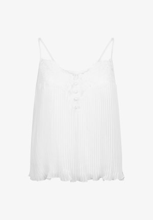 Fehér, pliszírozott top csipkés díszítéssel, állítható vékony pántokkal és gombos elülső résszel. Puha textúra, lebegő szegéllyel.