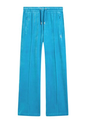 Pantaloni tuta turchesi realizzati in tessuto morbido, con una vita elastica dotata di laccetti e due tasche laterali con cerniera.