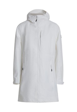 Biała długa wodoodporna kurtka z kapturem, pełnym zamkiem z przodu, kieszenią na piersi oraz dwoma zapinanymi na zamek bocznymi kieszeniami.