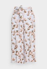 Light blue floral pants featuring a tie belt, with pink and brown flower patterns, loose fit, and a soft, textured fabric.