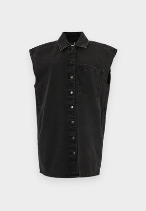 Black denim sleeveless shirt, featuring a collar, front buttons, and a left chest pocket. Textured fabric with a slightly tapered shape.