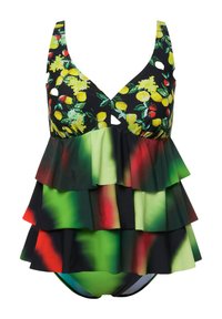 Svart baddräkt med blommönster som har gula citroner och gröna blad. Flera lager volanger i nyanser av grönt och rött.