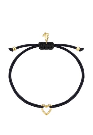 Pulsera negra ajustable de cordón con un pequeño colgante de corazón dorado en el centro y extremos con cuentas doradas.