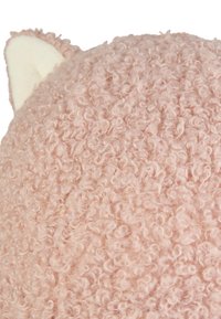 Pink, curly-textured fabric with white ear accents. The surface is fluffy and soft, creating a cozy appearance.