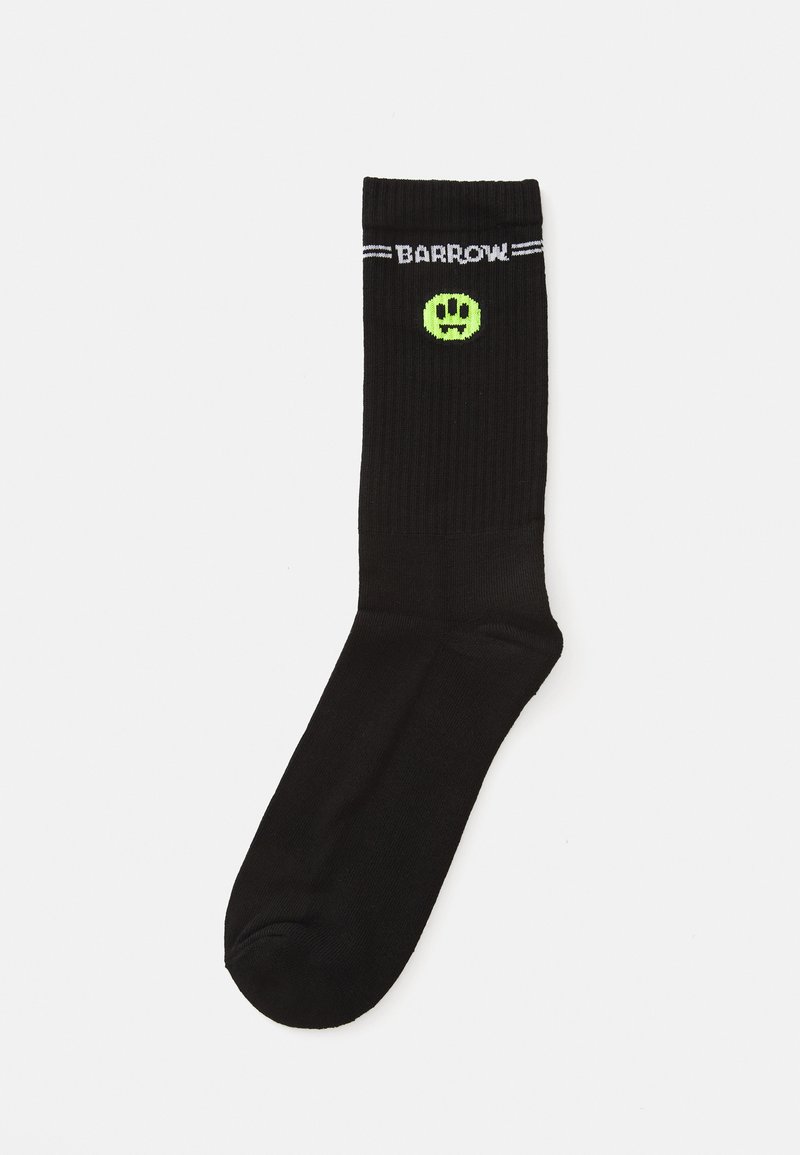 Calzini neri a coste con la scritta bianca "BARROW" e un logo di faccina sorridente verde. Presentano una parte superiore elastica e un piede imbottito.