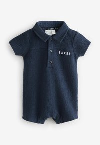 Marineblauer Kurzarm-Overall, strukturierte Stoffqualität, vordere Knopfverschluss, besticktes "BAKER"-Logo auf der Brust, klassisches Kragen-Design.