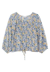 Blouse fleurie en tissu léger avec des fleurs bleues, jaunes et roses. Caractérisée par un col arrondi, une taille froncée et des manches longues avec poignets élastiques.